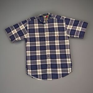 Vintage 90s Tommy Hilfiger Shirt Men's Size L Blue Plaid Button Up Short Sleeve